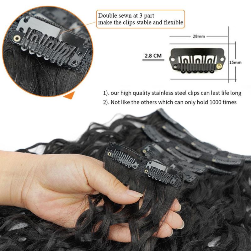 Hot Sale Water Wave Clip in Hair Extensions Machine Made Remy Brazilian Human Hair Head Set Clip in Black 20 Inches for Black Women