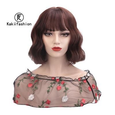 Kakifashion Hair High Temperature Neat Bangs Body Wave Short Bob Brown Wig with Synthetic Fiber