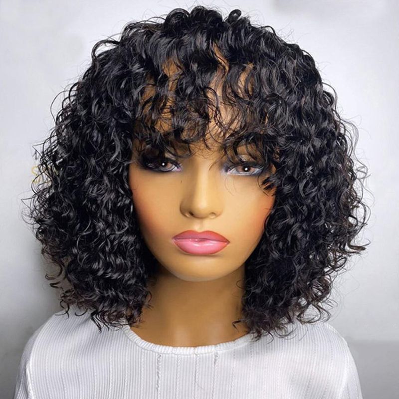 Wholesale Vendors Water Wave Brazilian Virgin Hair Bob Wig with Bangs Full Machine Made Human Hair Wigs for Black Women