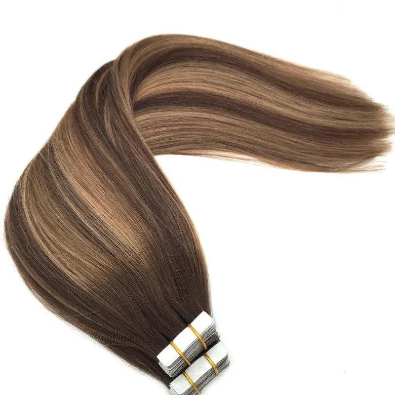 20PCS 50g Human Hair Extensions Tape in Ombre Chocolate Brown to Caramel Blonde Natural Hair Extensions Tape in Real Hair Straight 14 Inch