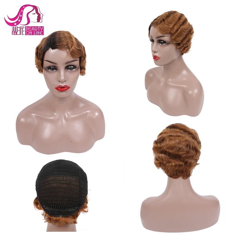 Fashion Ombre Color Short Wig Finger Wave 100% Human Hair Wig