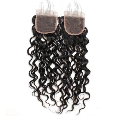 7A 4*4 Virgin Lace Frontal Closure Non-Remy Water Wavy Free Part Hair Weave #Black