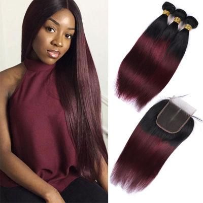 Best Quality Ombre Brazilian Hair 3 Bundles with Lace Closure 1b/ 99j Straight Human Hair Bundles with Closure