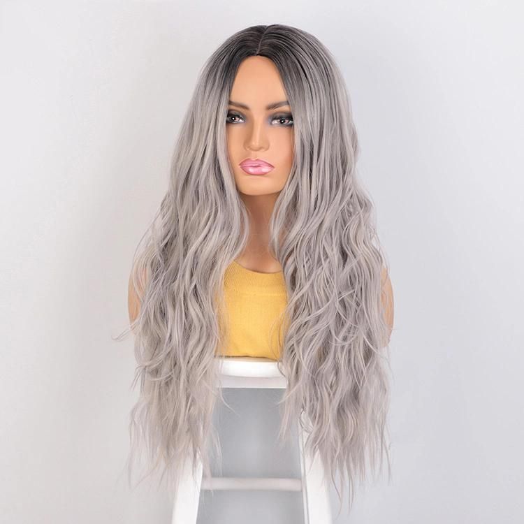 Heat Resistant Synthetic Fiber Cosplay Curly Long Wavy Ombre Gray Body Wave Hair Wigs