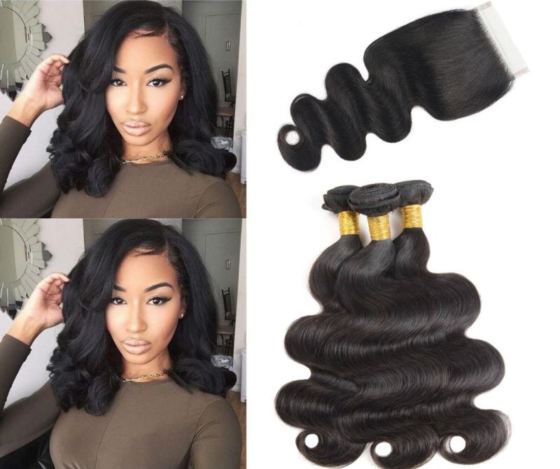 Brazilian Virgin Hair Body Wave Bundles with Lace Closure Free Part Natural Black