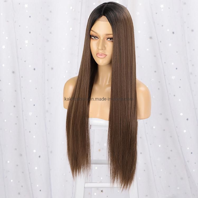 Cheap Long Silky Straight Wave Ombre Brown Middle Part Lace Front Synthetic Hair Wigs