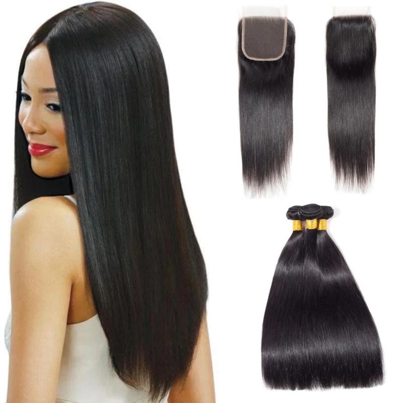 Straight Hair Bundles with Closure 10A Human Hair Bundles with Lace Closure Virgin Hair Bundles with Closure Natural Color (14 16 18 With 14)