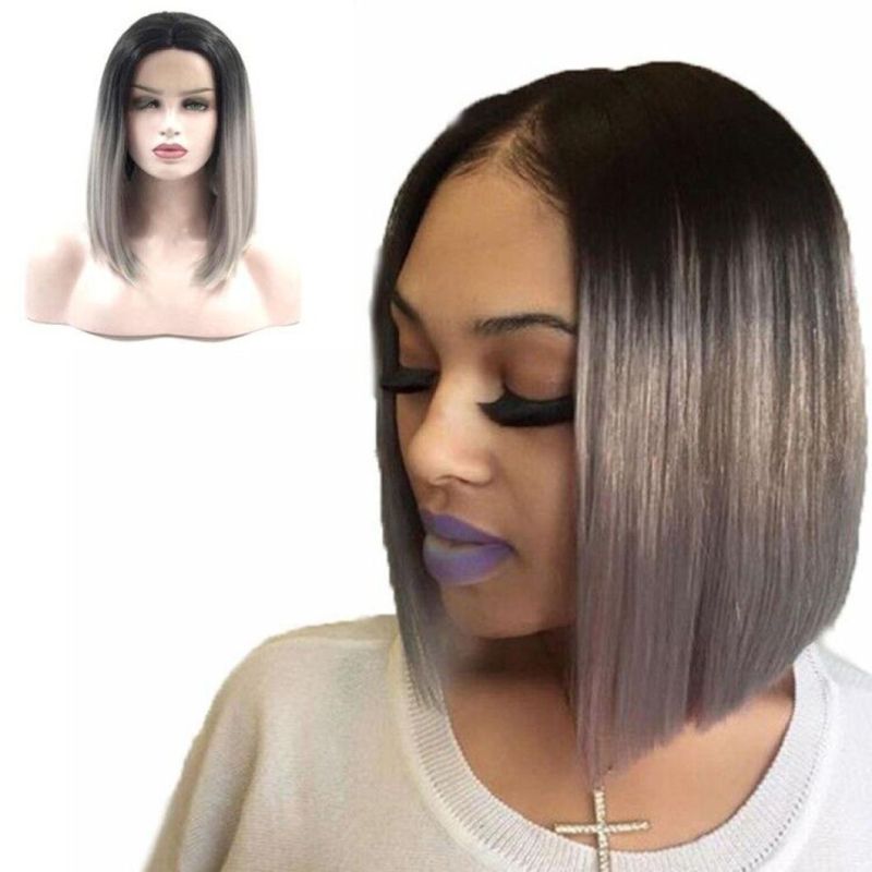 Ash Gray Synthetic Lace Front Wig Short Bob Straight 14 Inch Grey Wigs for Black Women Heat Resistant Middle Part with Baby Hair