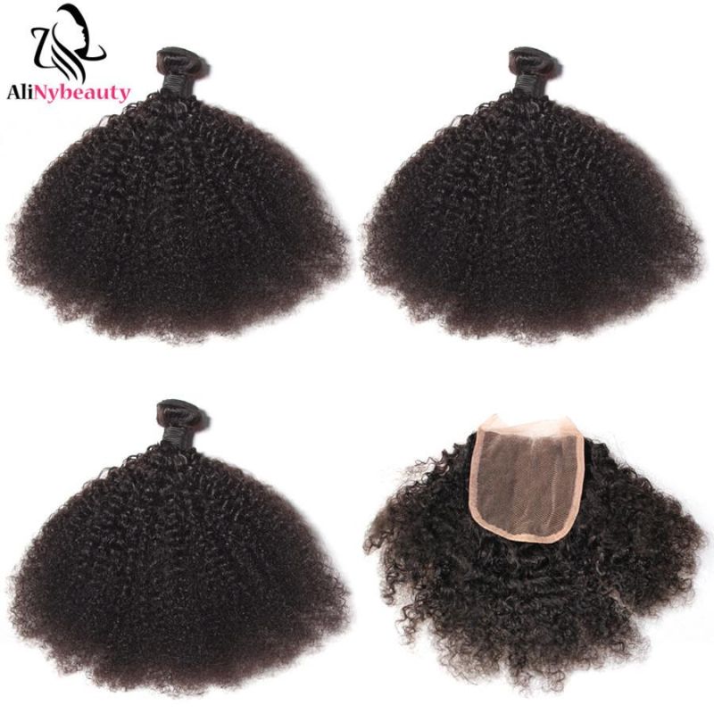 Brazilian Virgin Afro Kinky Curly Human Hair Bundles with Lace Closure