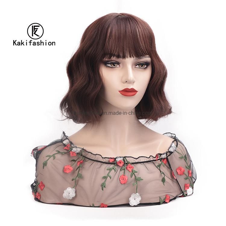 Kakifashion Hair High Temperature Neat Bangs Body Wave Short Bob Brown Wig with Synthetic Fiber