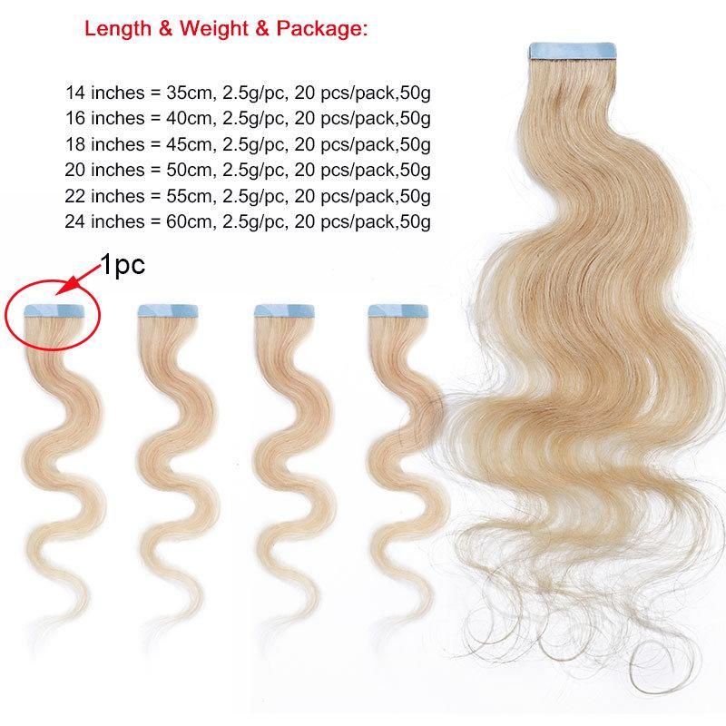 12"-24" 2.5g/PC Remy Human Hair Body Wave Tape in Hair Extensions Adhesive Seamless Hair Weft Blonde Hair 20PC (4P27#)