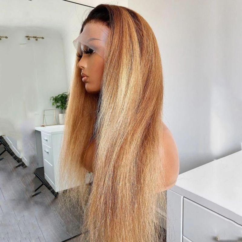Ombre Honey Blonde Coarse Yaki Kinky Straight Lace Front Wig 13X2 HD Lace Frontal Wig Full Human Hair 30 Inches 150% Pre Plucked