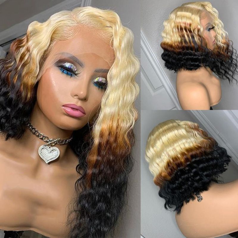 Curly Bob Ombre Blonde Colored 613 Lace Front Wig for Black Women Frontal HD Transparent Deep Wave