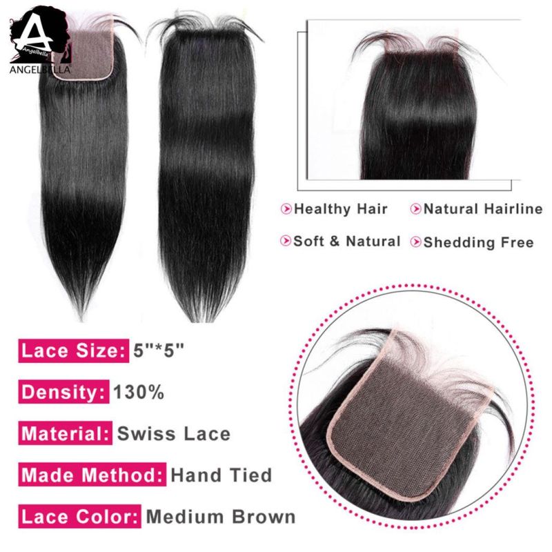 Angelbella Silky Straight Lace Closure 1b# 5X5 Virgin Human Hair Closures