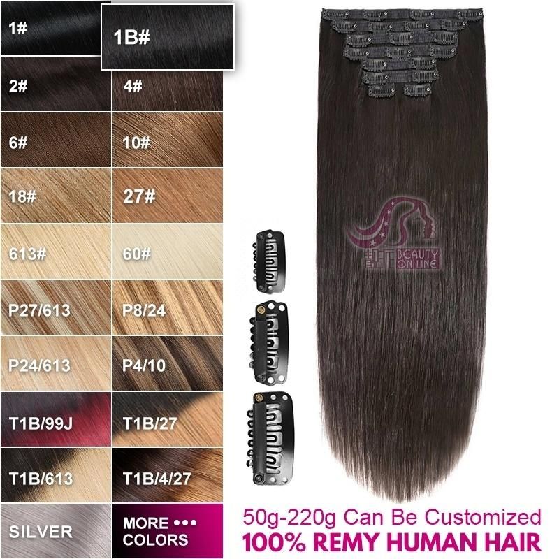 220g 10piece 1# Double Drawn Remy Hair Seamless Clip in Hair Extensions