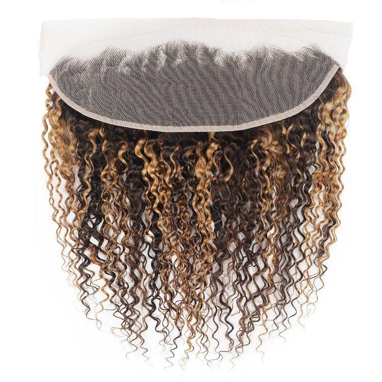13X4 Transparent Lace Front Closure Kinky Curly Virgin Human Hair Weft Piano #P4/27