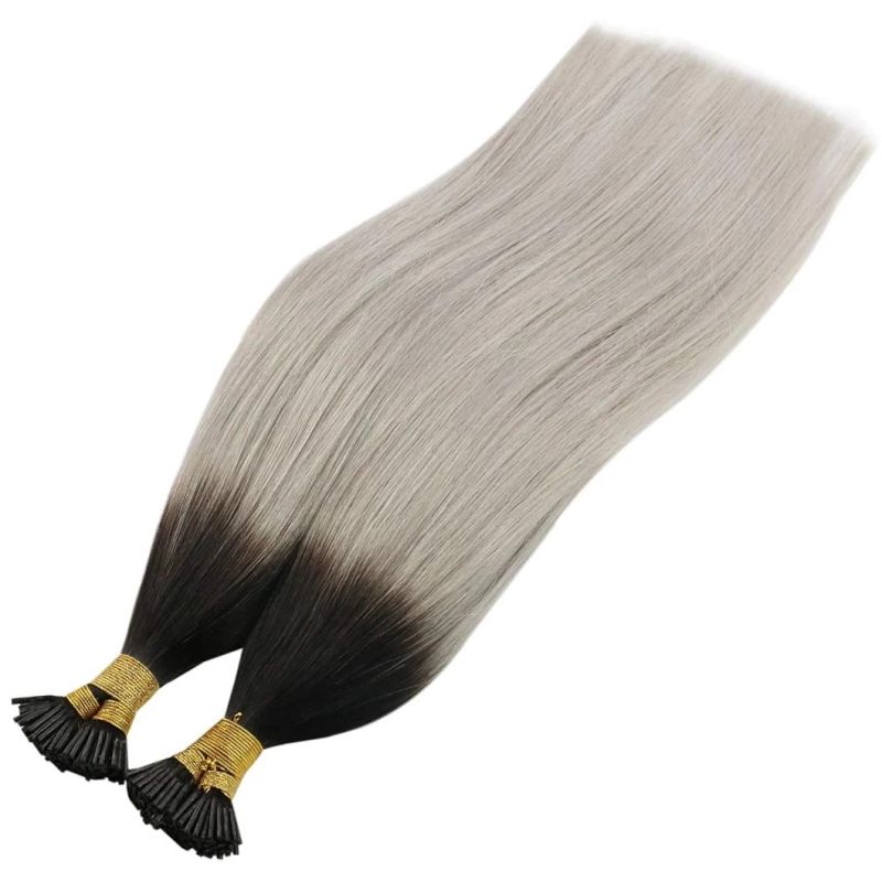 Ombre Black to Grey I Tip Hair Extensions Human Hair Natural Black Root to Grey Silky Straight I Tip Extensions Human Hair Ombre Remy Human Hair 50g