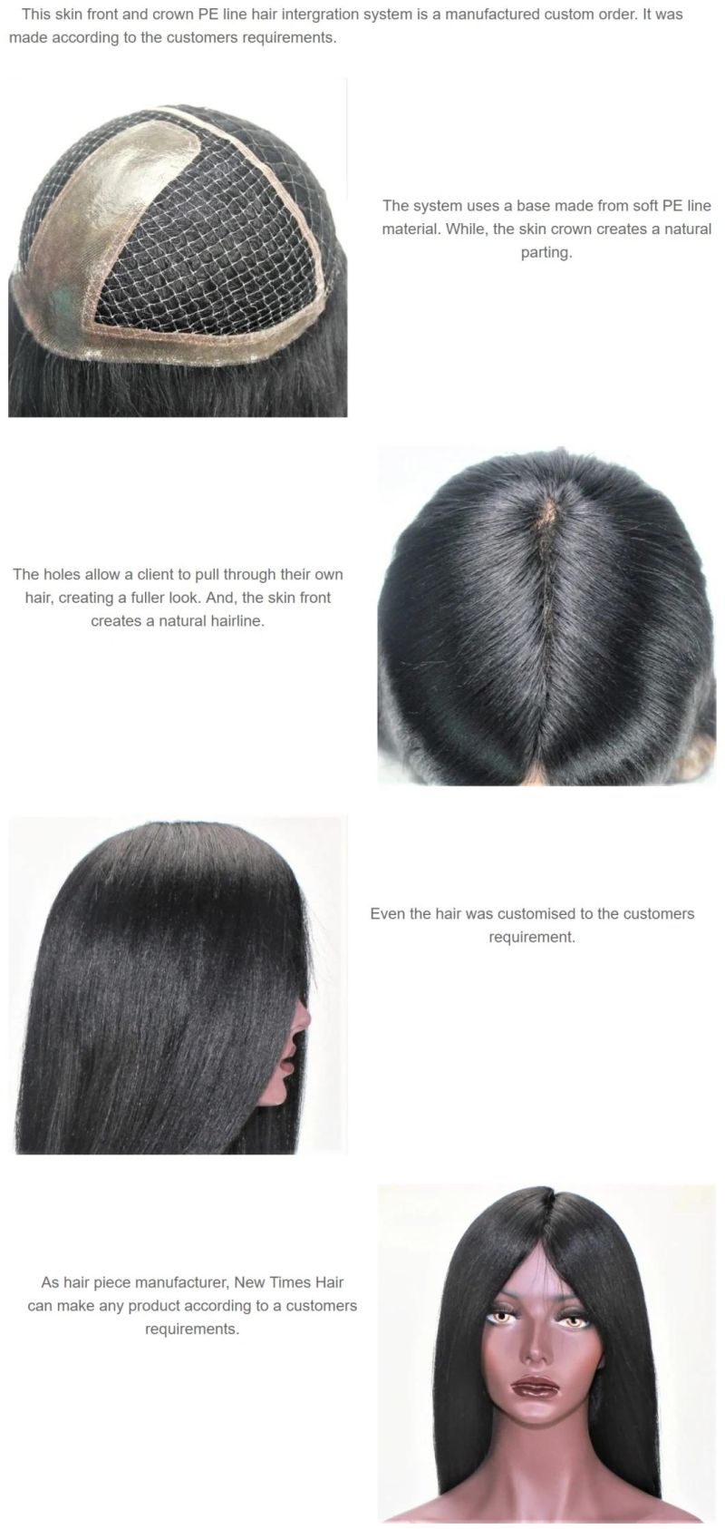 Customized Ladies Skin Front and Crown PE Line Integration Hair System