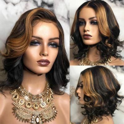 T Part Lace Brazilian Remy Human Hair Wigs Hightlight Color Loose Wave Bob Wig with Pre Plucked Hairline