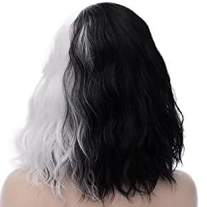 Black White Wigs for Cruella Women 14‘ ’ Short Bob Wavy Soft Hair Wig, Cute Wigs for Party Cosplay with Comfortable Wig Cap