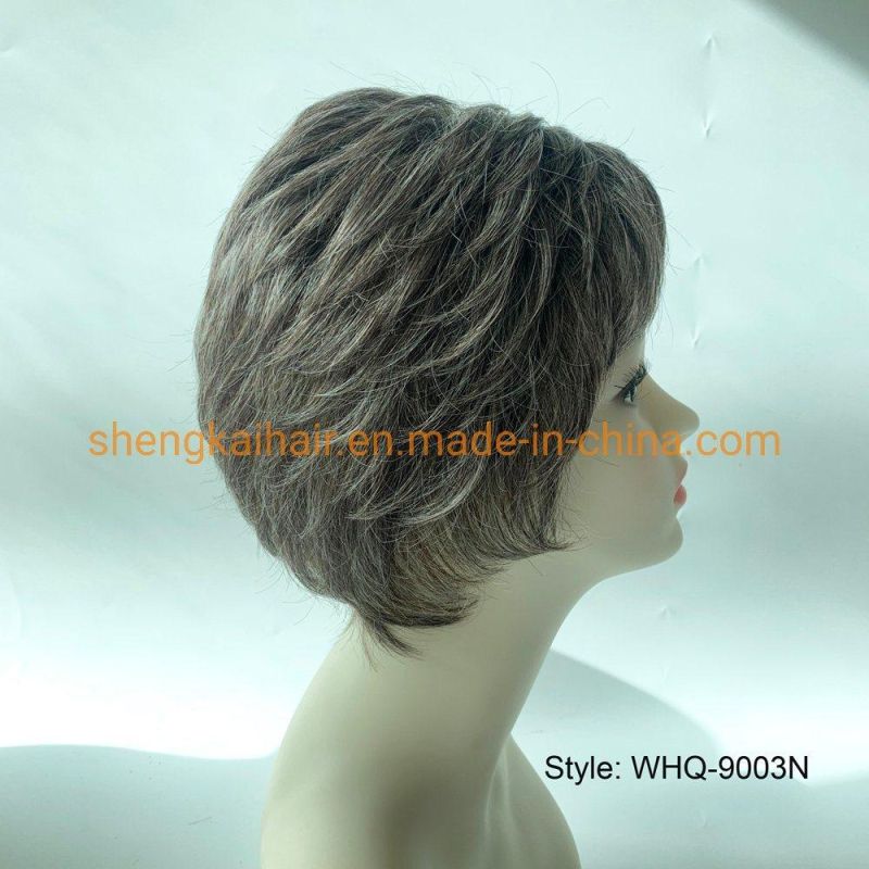 Wholesale Good Quality Handtied Human Hair Synthetic Hair Mix Grey Hair Old Lady Wigs 554