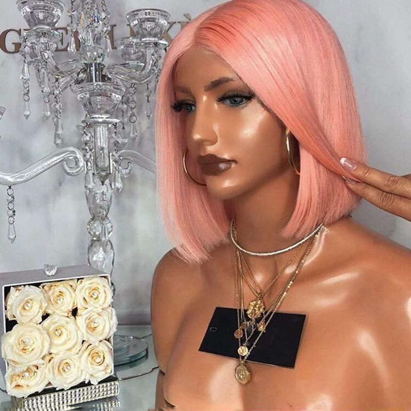 New Style Short Straight Bob Pink Human Hair Lace Wig