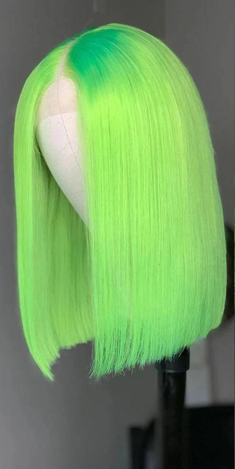 Lace Part Short Green Human Hair Wigs Straight and Deep Wave Middle Wig for Black Women Pre Plucked with Baby Hair 13X4X1 Lace 10 Inches