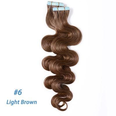 12&quot;-24&quot; 2.5g/PC Remy Human Hair Body Wave Tape in Hair Extensions Adhesive Seamless Hair Weft Blonde Hair 20PC (#6 Light Brown)