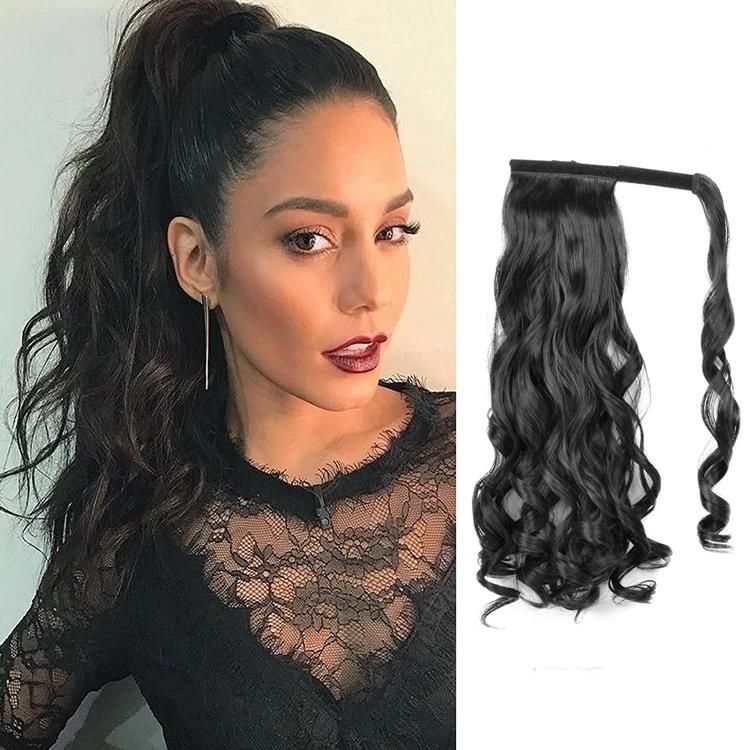 Ombre Brown Long Curly Ponytail Hairpiece Synthetic Magic Paste Ponytail Wrap Clip in Hair Extension