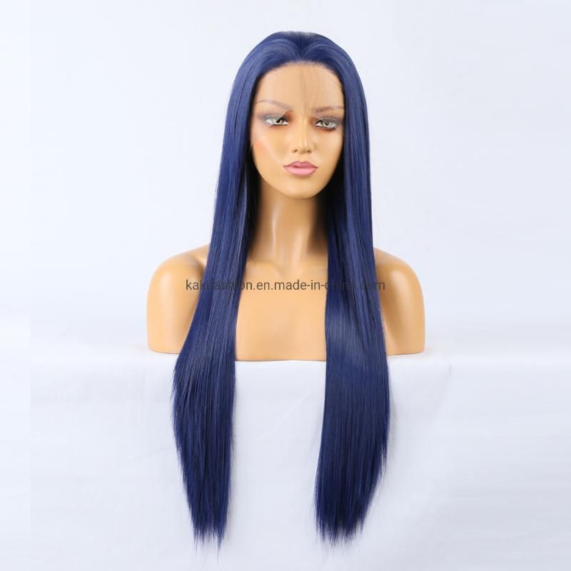 Cosplay Europe American Hot Selling Long Straight Dark Blue Synthetic Lace Frontal Wig