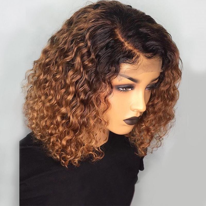 Brown 1b 27 Ombre Color Short Kinky Curly 100% Human Hair Lace Front Bob Wigs, HD Lace Frontal Curly Bob Wig with Highlights