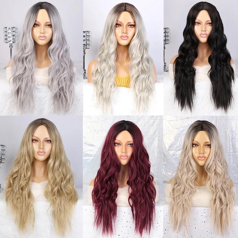 Synthetic Hair Long Water Wave Ombre Dark Brown Middle Part Wigs for Women Natural Party Heat Resistant