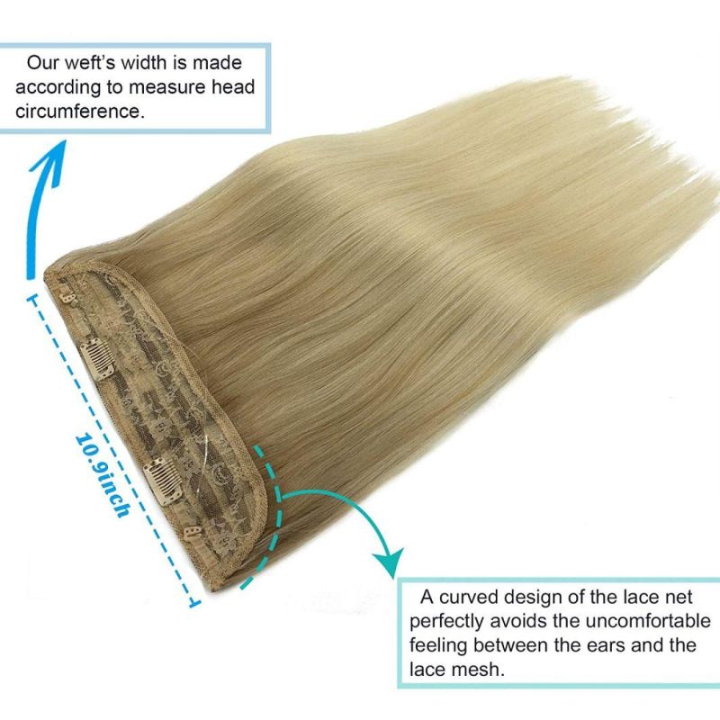 Human Hair Extensions Ash Blonde to Golden Blonde Mixed Platinum Blonde 12 Inch in Straight Hidden Crown Extension with Transparent Fish Line Invisible Hairpece