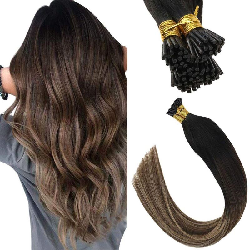 Natural Pre Bonded Thick Human Hair Extensions Black Root to Dark Brown Mixed Dark Ash Blonde Human Hair Extensions Remy Silky Straight I Tip Fusion Hair Extens