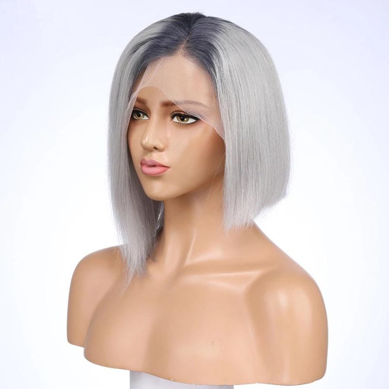 Human Hair Bob Wig 1b Grey Bob Lace Front Wig