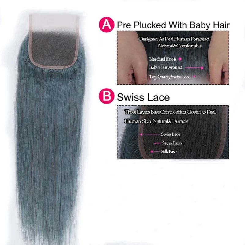 Blue Bundles with Closure Brazilian Human Hair Straight Remy Human Hair Bundles S Blue with Closure for Woman