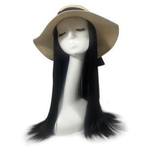 Viviabella White Straw Hat with Hair Extensions Natural Black Straight Synthetic Wig Hat for Women (L(Head Circum: 22.6&quot;-23.6&quot;))