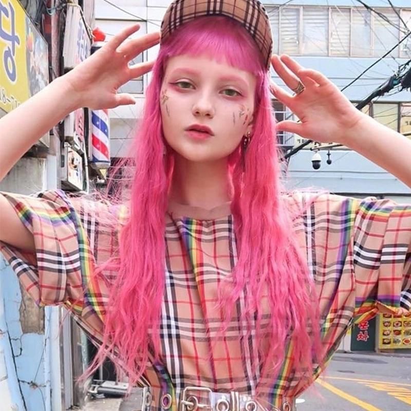 26 Inch Cute Pink Long Body Wavy Curly Wigs Hair with Air Bangs Fluffy Natural Lolita Wig for Women