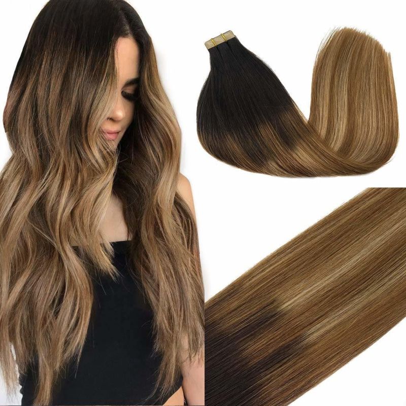 Hair Extensions Tape in Ombre Dark Brown to Chestnut Brown and Dirty Blonde Balayage 100% Real Remy Human Hair Extensions Tape in Natural Hair 20PCS 50g