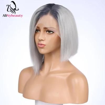 Human Hair Bob Wig 1b Grey Bob Lace Front Wig