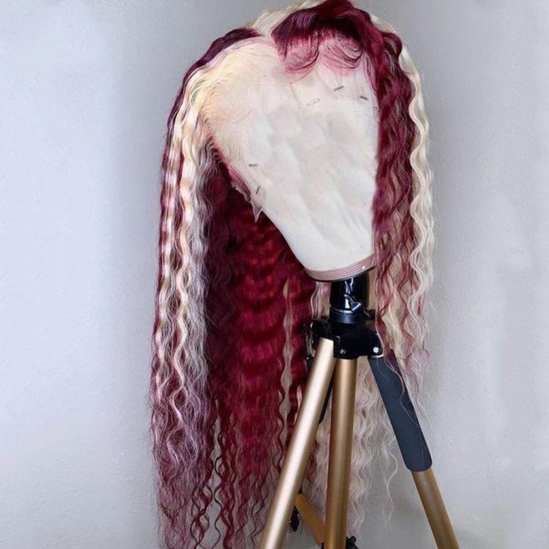 Curly 613 Blonde Colored 99j Burgundy HD Transparent Highlight Lace Frontal Human Hair Wigs Pre Plucked Full Deep Wave Wig 26 Inches