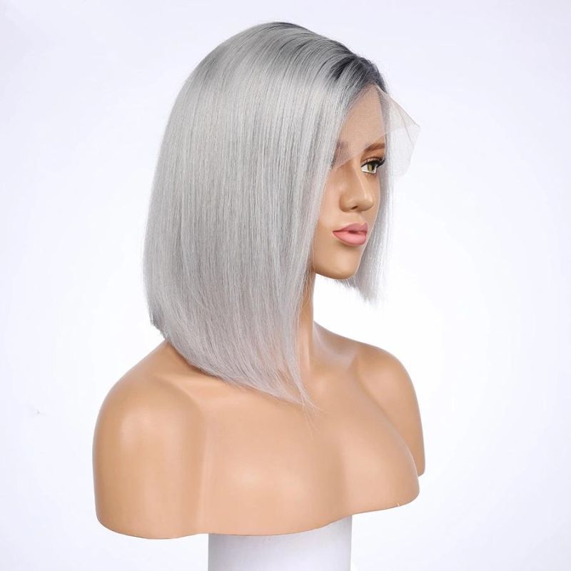 Human Hair Bob Wig 1b Grey Bob Lace Front Wig