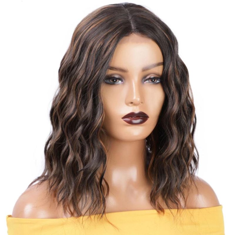 14 Inch Human Brazilian Hair Wigs Lace Front Middle Part Mixed Black Color and Brown Natural Wave Wig for Black Women