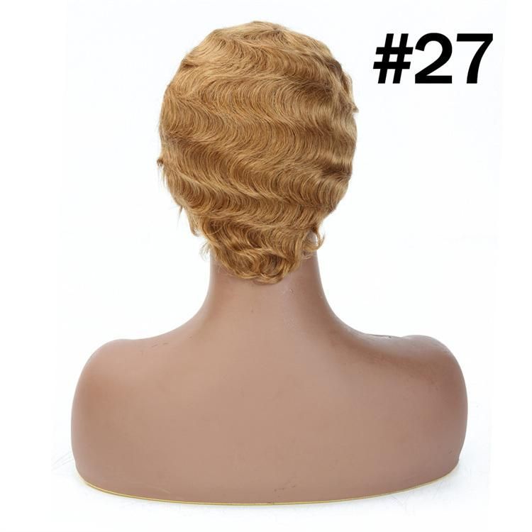 Pixie Cut Short Human Hair Wig Finger Wave for Black Women, Brazilian Virgin Cuticle Aligned Hair Wavy Wig Natural Color 1b