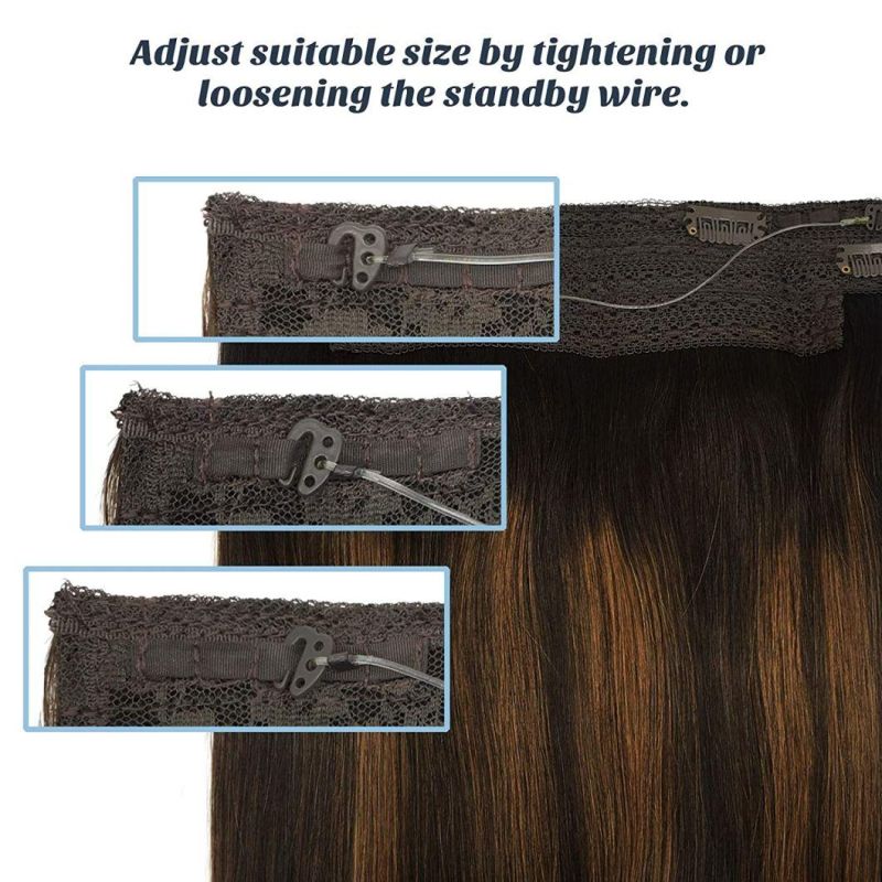 Hair Extensions Dark Brown to Chestnut Brown 16 Inch Natural Real Hair Extensions Hidden Crown Wire Hair Extensions with Invisible Fish Line Straight