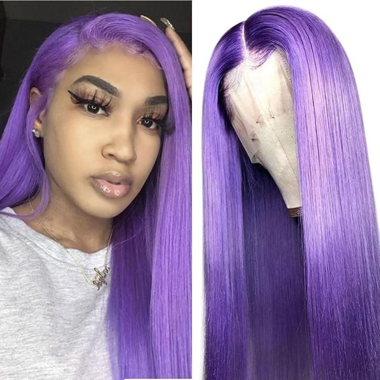Large Stock Remy Human Hair Colorful Wigs Glueless Purple Lace Front Wig