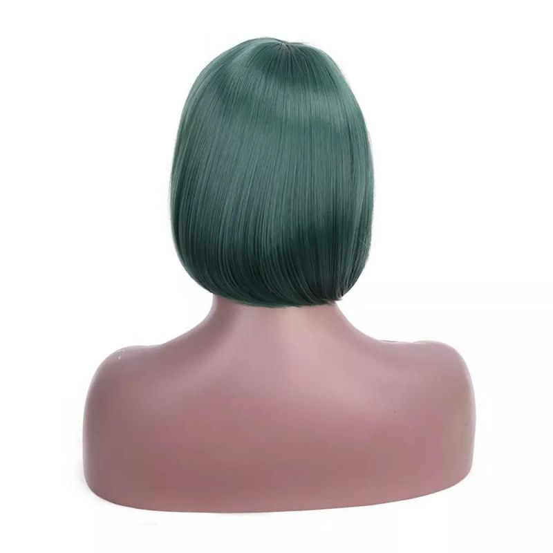 12 Inch Cheap Green Color Bobo Wig with Bangs Heat Resistant Synthetic Short Straight Wig for Black Women