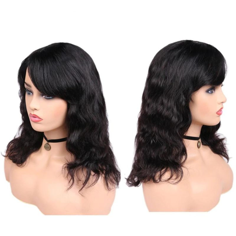 Factory Price 100% Virgin Human Hair Natural Wave Wigs with Bangs Brazilian Human Hair Wave Wigs Natural Black Color