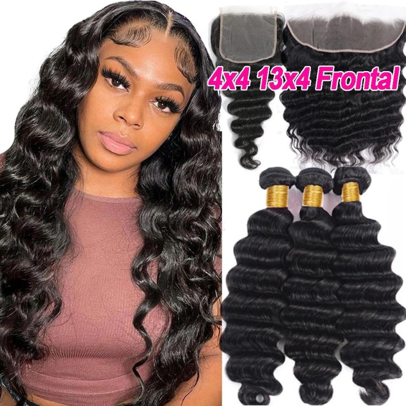 36 38 40 Long Inches Loose Deep Wave Bundles with Closure 13X4 Lace Frontal with Bundles Remy 100% Human Hair Peruvian Bundles with Frontal Wholesale