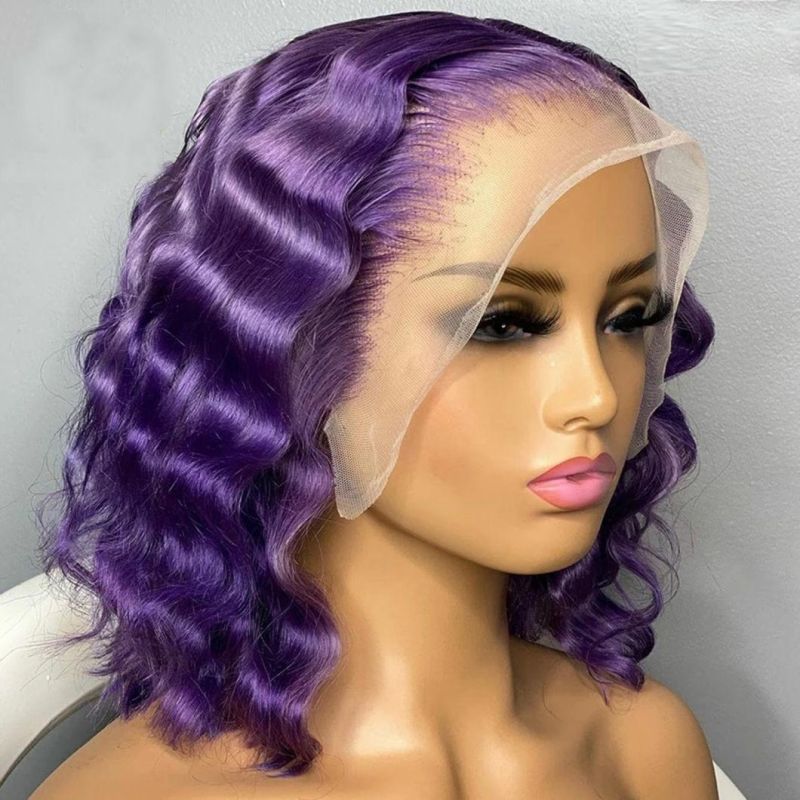 Purple Color Deep Wave T Part Lace Wigs with Natural Hairline Brazilian Remy Human Hair Bob Wig for Women